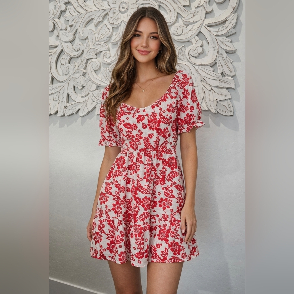 Midnight Doll Floral Red/White Open Back Tiered Mini Dress Women's Sz Large NWT